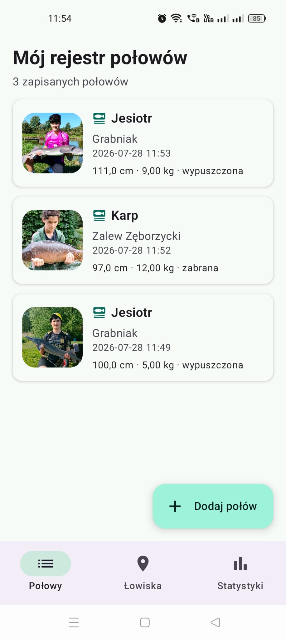 Lista zapisanych połowów