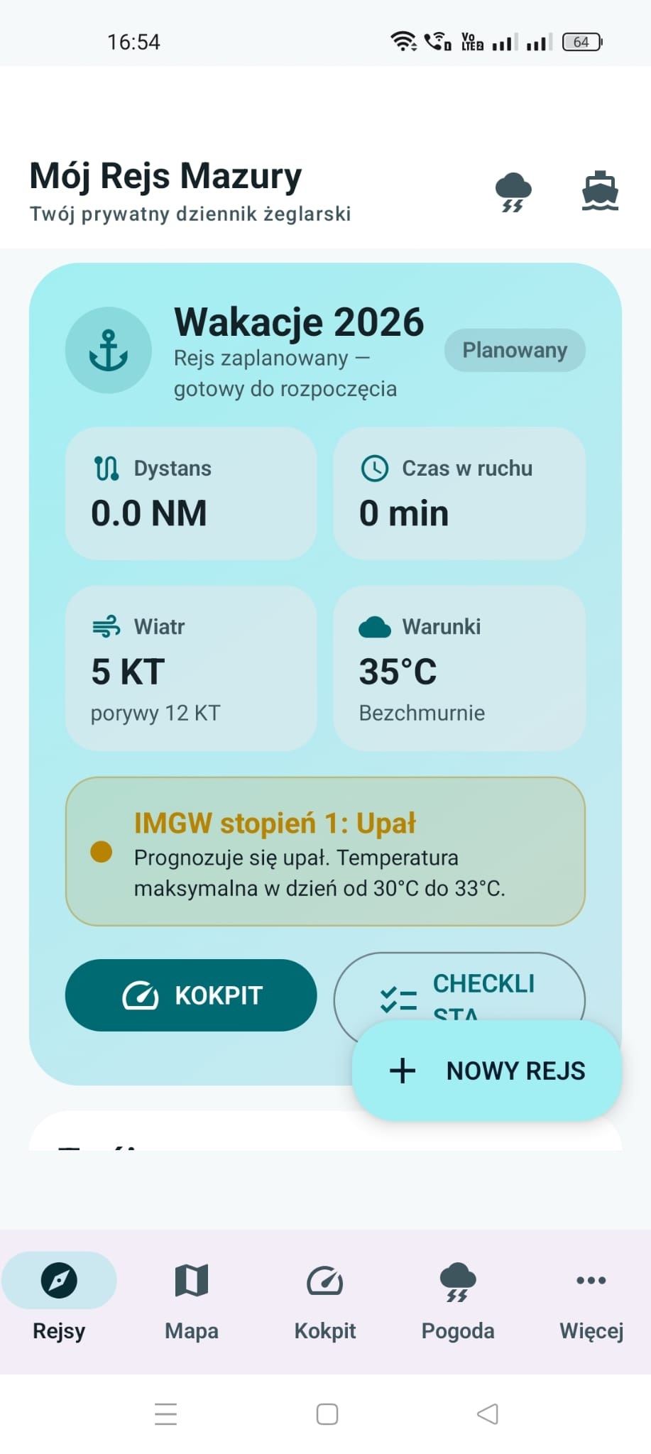 Ekran główny aplikacji z planowanym rejsem i warunkami pogodowymi